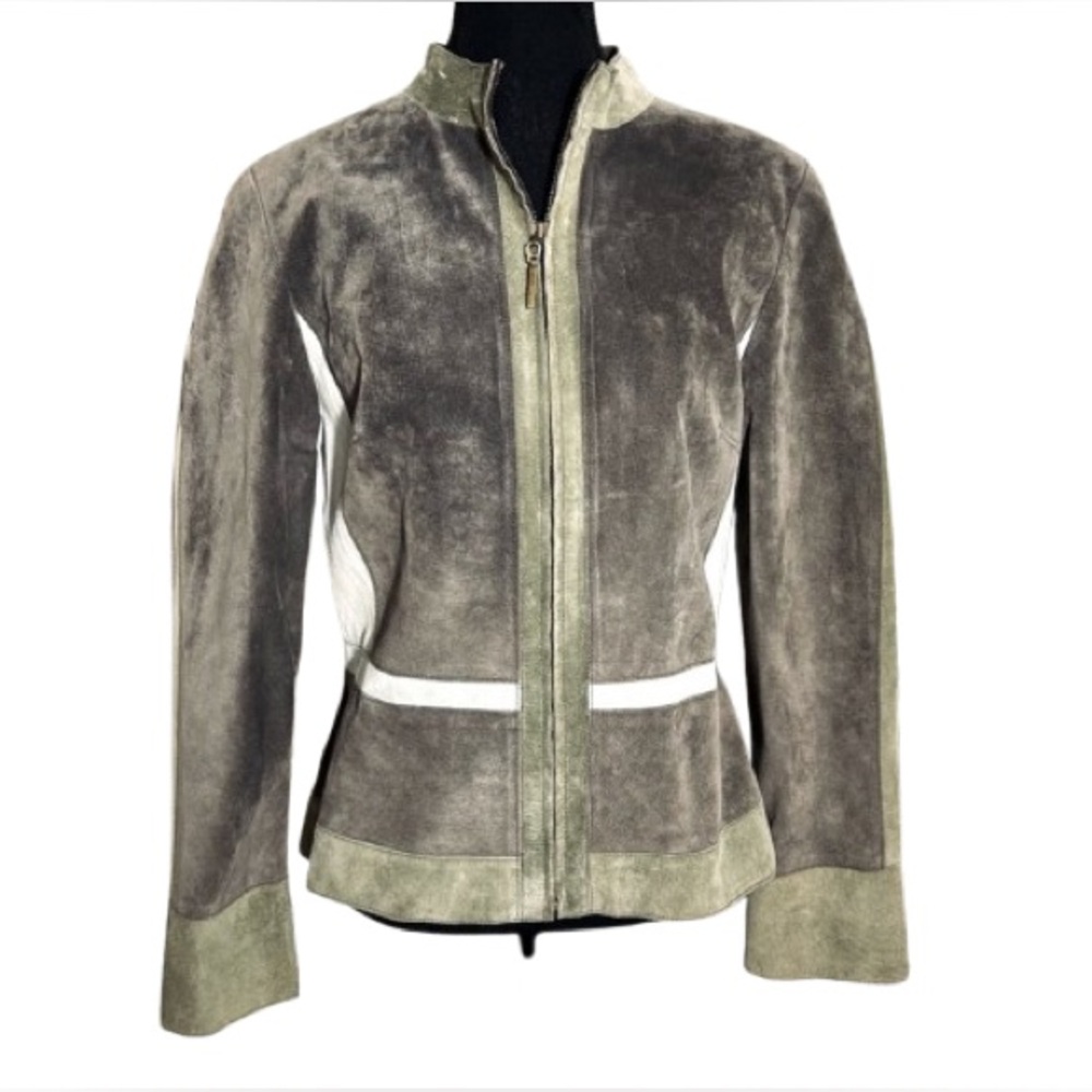 DONCASTER LEATHER SUEDE JACKET GREEN SIZE 10 MEDIUM DESIGNER